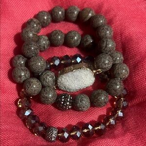 Neutral agate  Brown Beaded Druzy Stack Bracelet Set